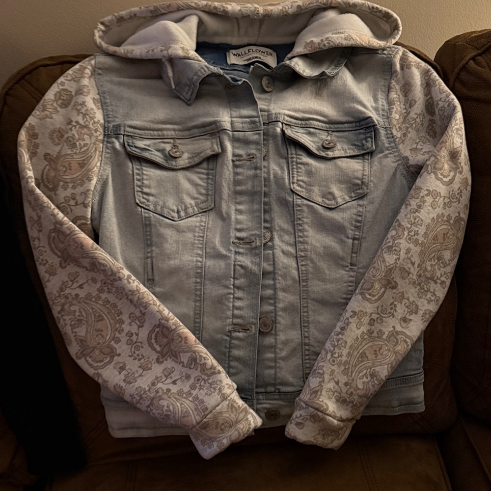 Wallflower Light Blue hooded Denim Jacket with Cream paisley Sleeves